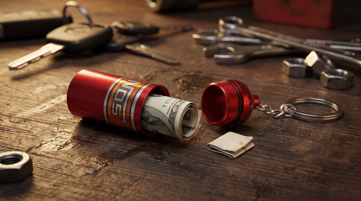 Nitro Bottle Keychain opened, showing its hidden compartment